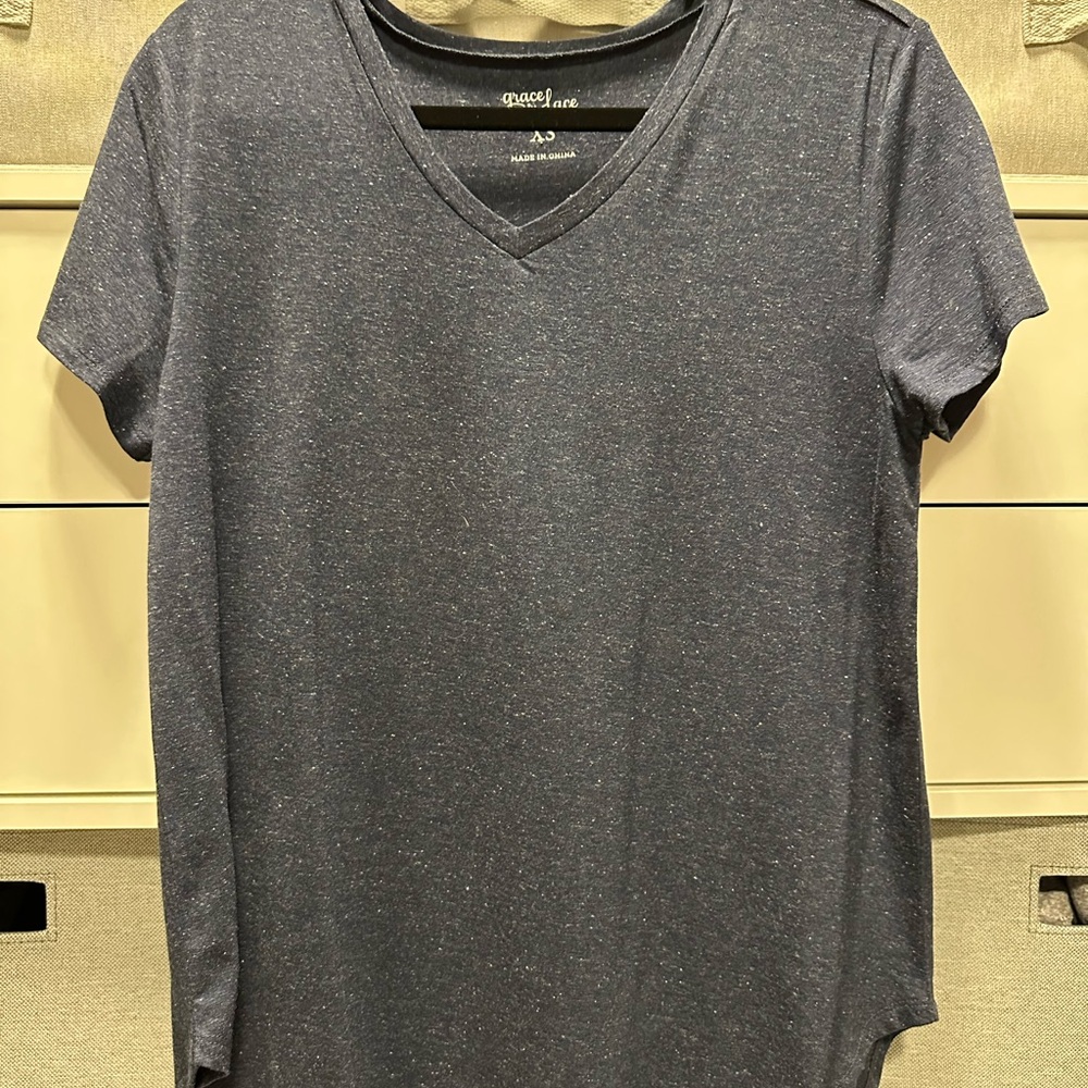 Grace & Lace Women's Heathered Blue V-Neck Tee